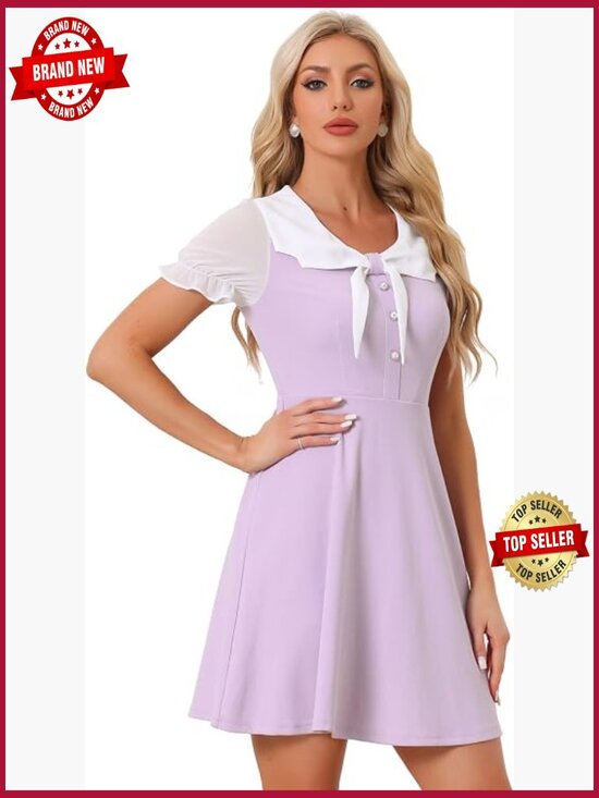 Dresses & Skirts - Women's Peter Pan Collar Puff Sleeve A-Line Mini Dress